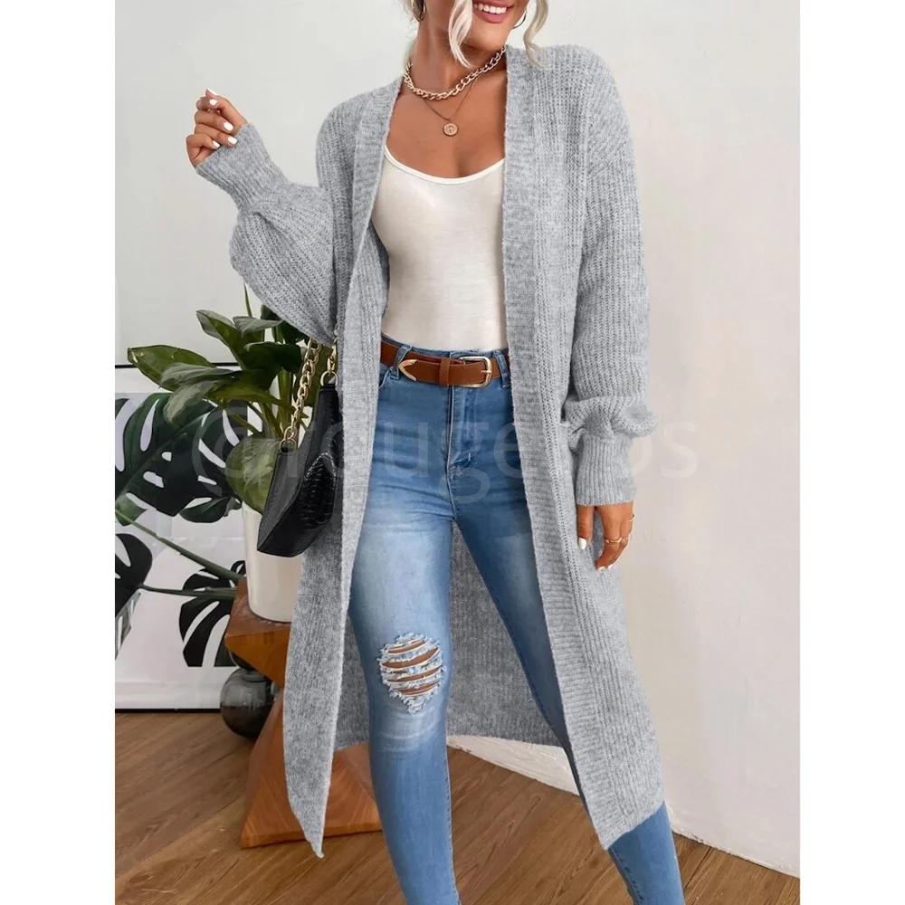 Grey Duster Cardigan Front Pockets Cable Knit Long Sleeve Midi Length - Picture 3 of 8